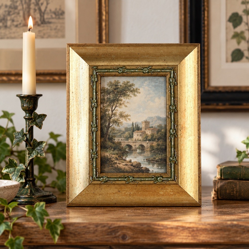 Vintage 5x7 Gold Rose Thorn Picture Frame, Green Floral Trim, 1990s Reproduction